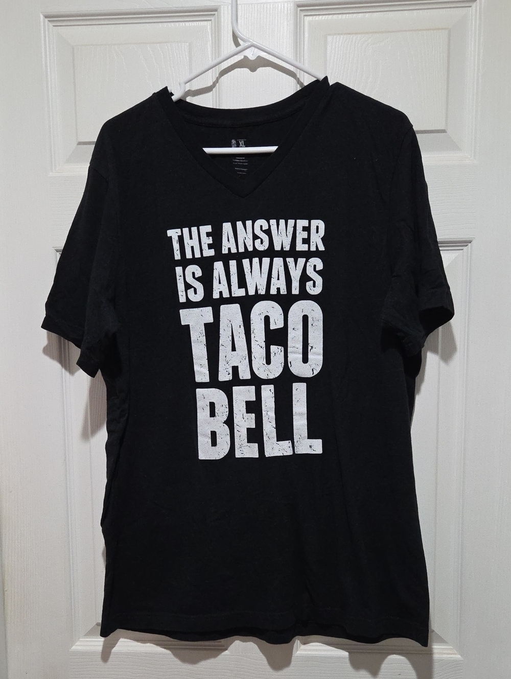Black V-Neck Tee with White 'The Answer Is Always Taco Bell' Print